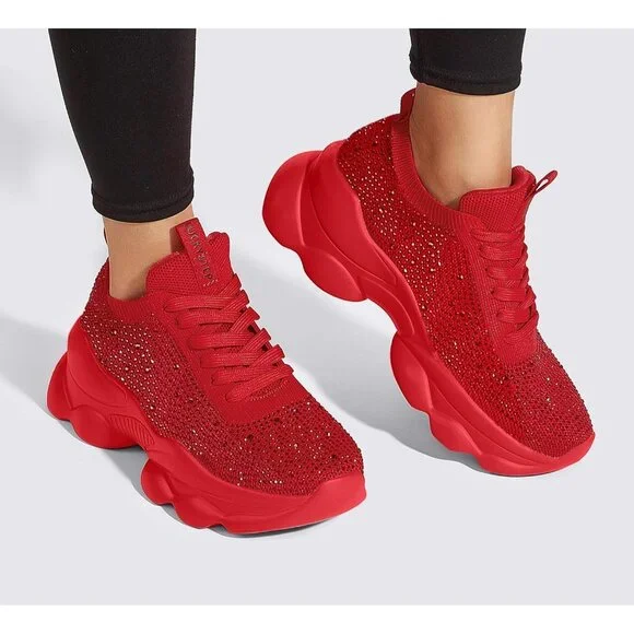 Lucky Step Women's Red Rhinestone Sneaker Chunky Sparkly Bling Mesh Slip on - Picture 9 of 9